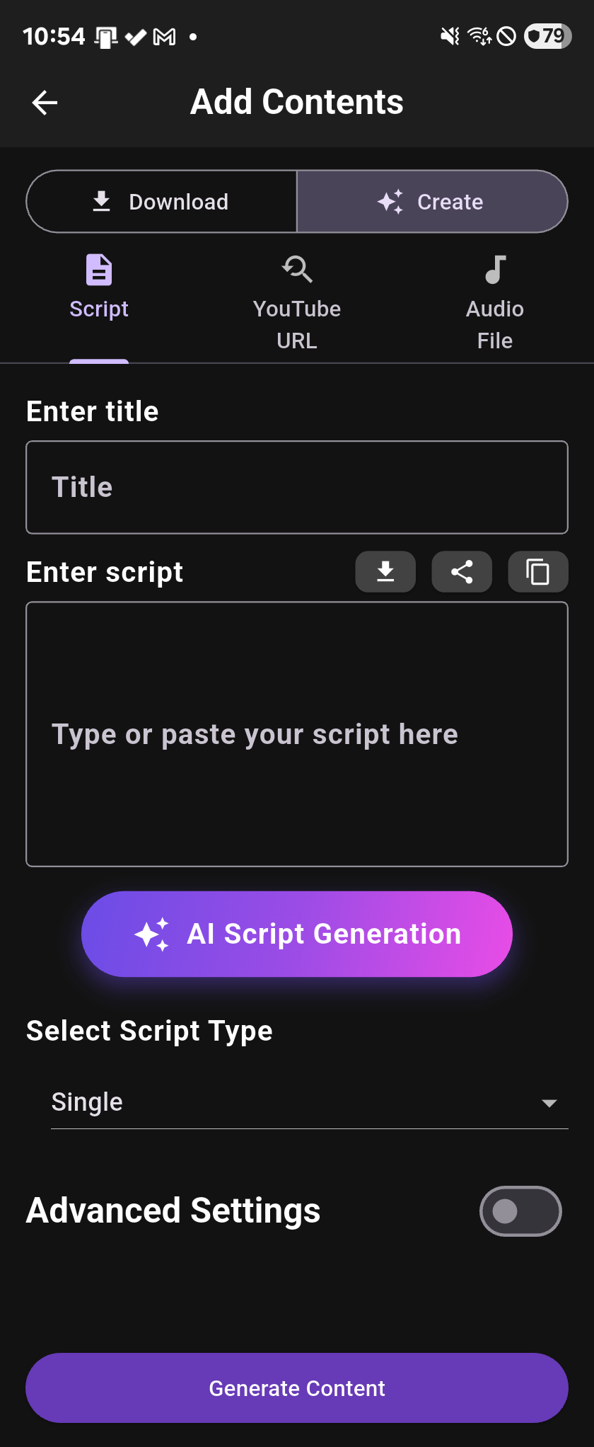 Create screen — a script box with YouTube URL and audio file tabs, plus an AI generation button