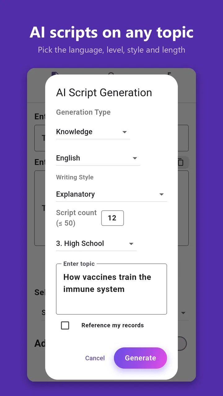 Create screen — a script box with YouTube URL and audio file tabs, plus an AI generation button