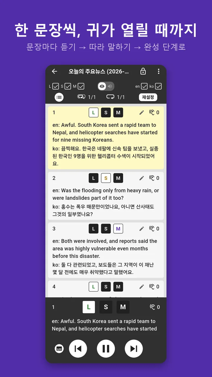 재생 화면 — 문장마다 원문과 번역이 함께 보이고 L·S·M 단계 배지가 표시된다