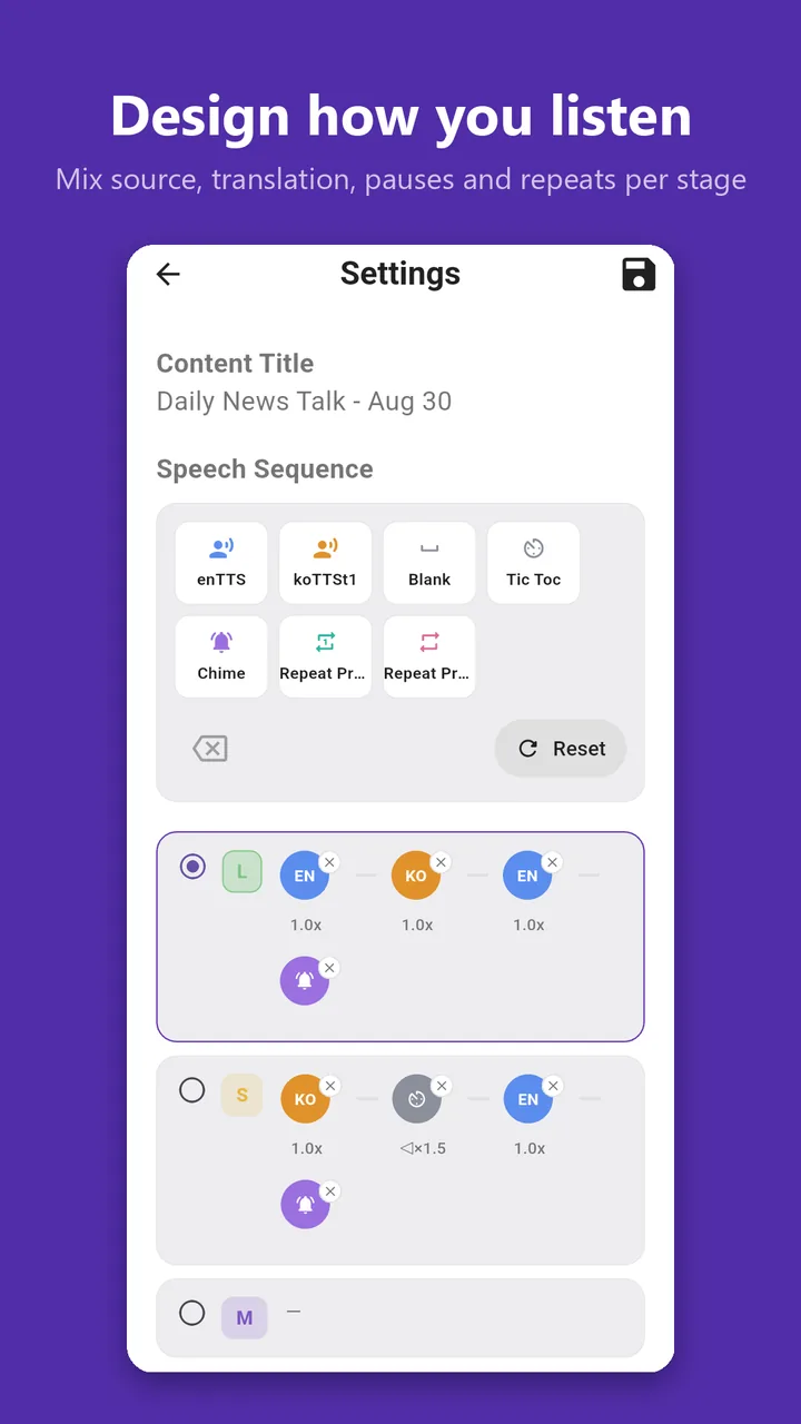 Settings screen — per-stage audio sequence (source, translation, chime) and playback speed